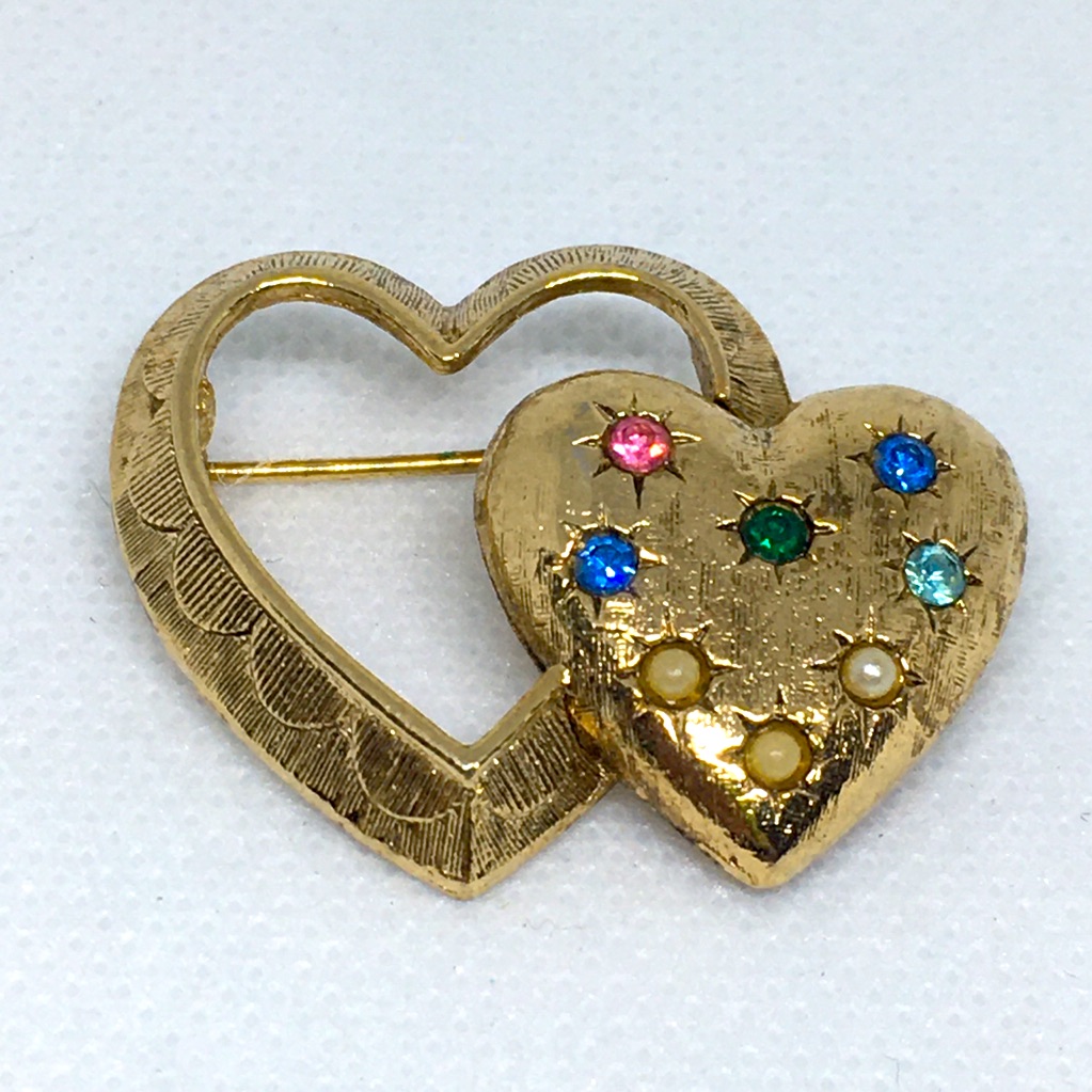 Vintage Emmons, Double Heart Brooch With Crystals And Tiny Pearls, 60’s-70’s